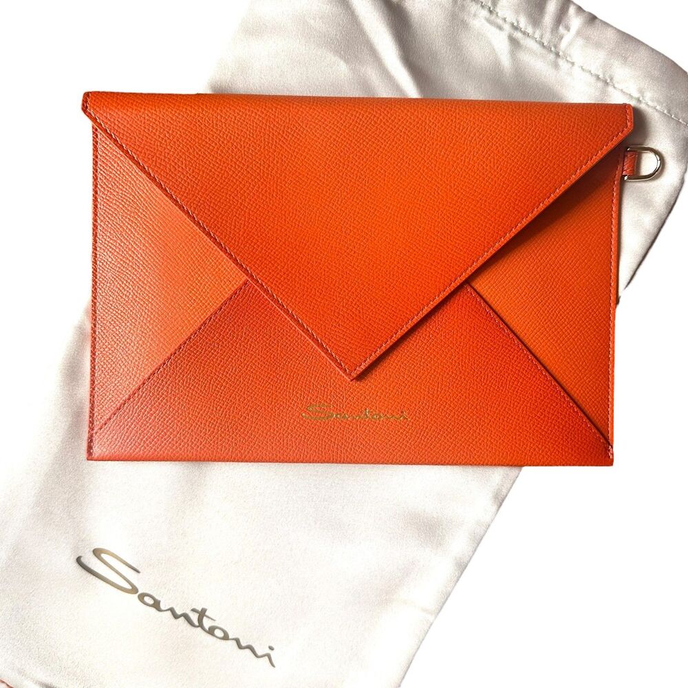 SANTONI Grain Leather Envelope Clutch Orange NEW IN BOX/DUSTBAG